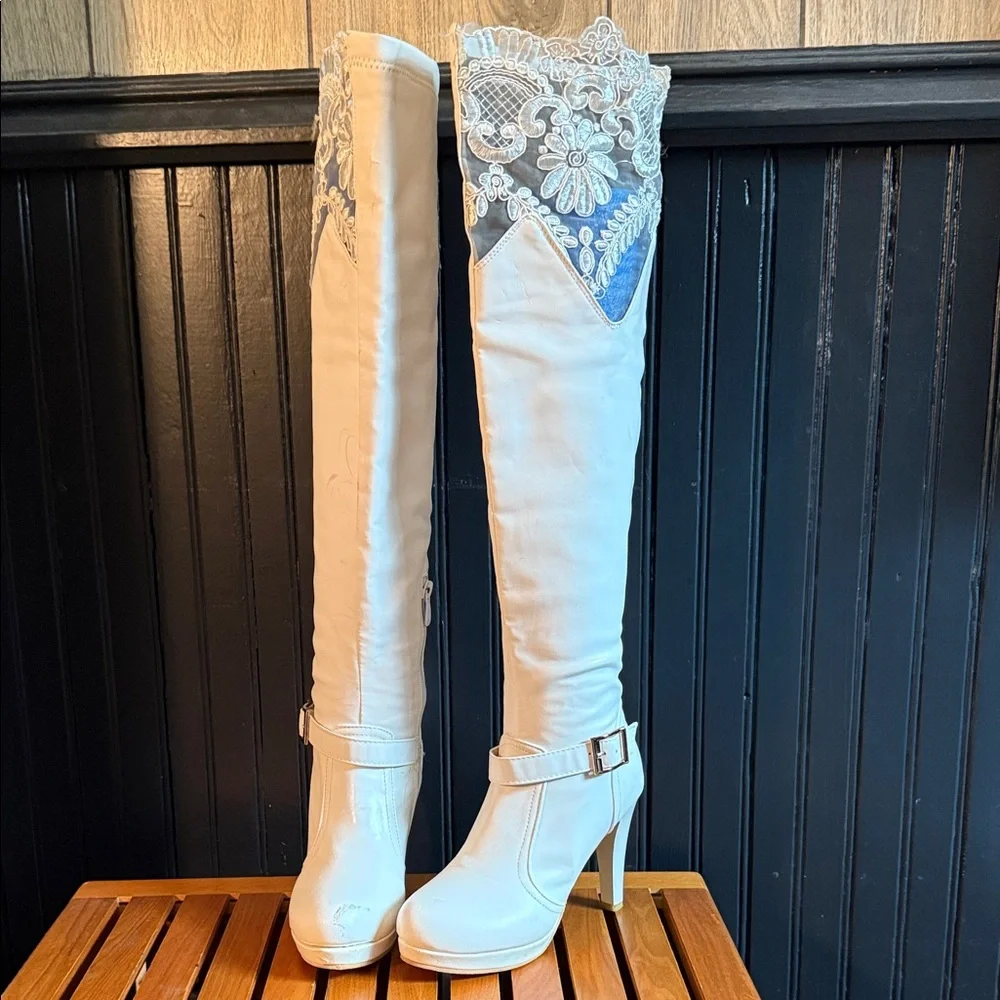 Elegant White Lace Over-the-Knee Boots